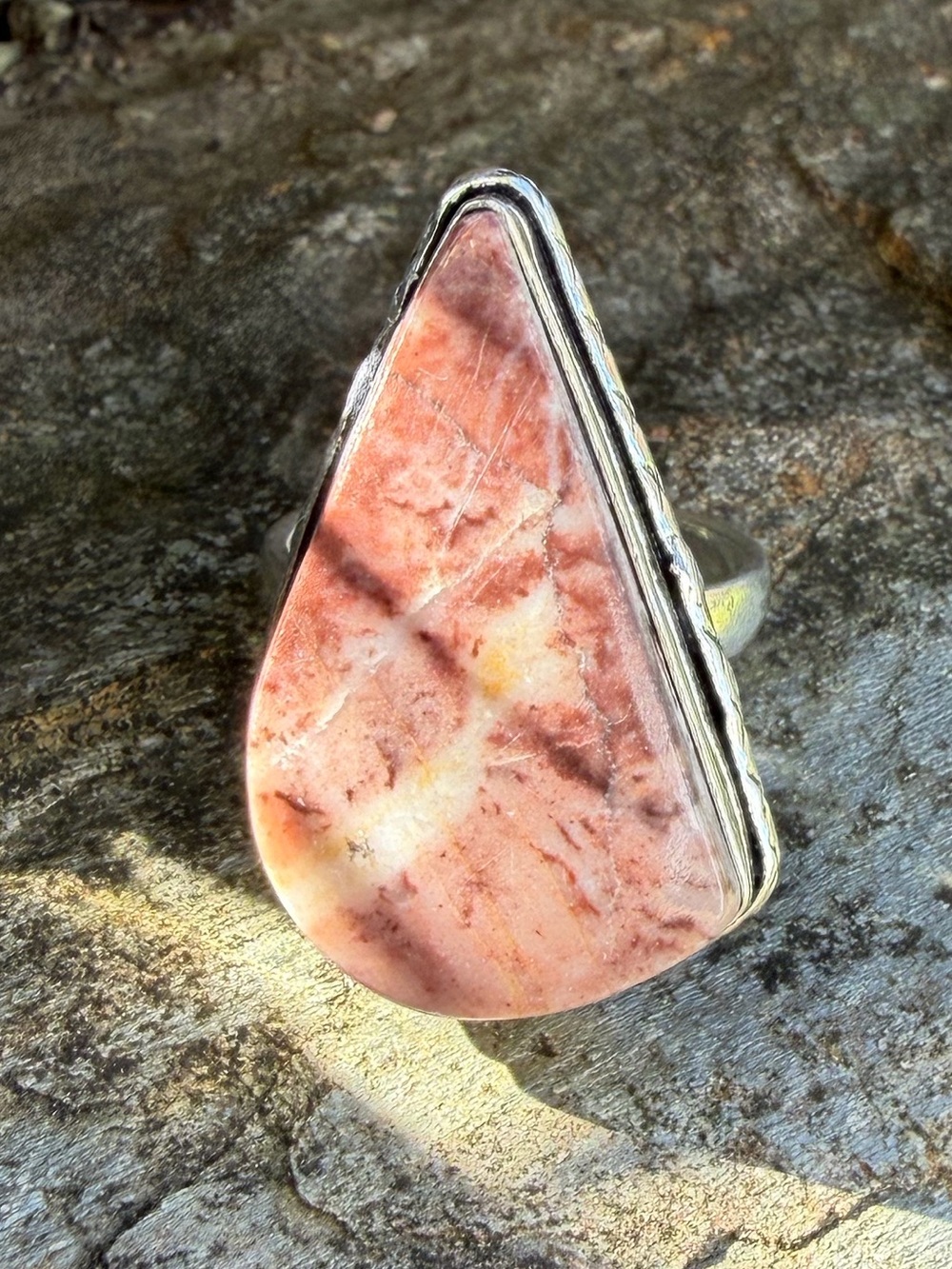 Genuine Rhodochrosite Pink Teardrop Gemstone Silver Statement Ring